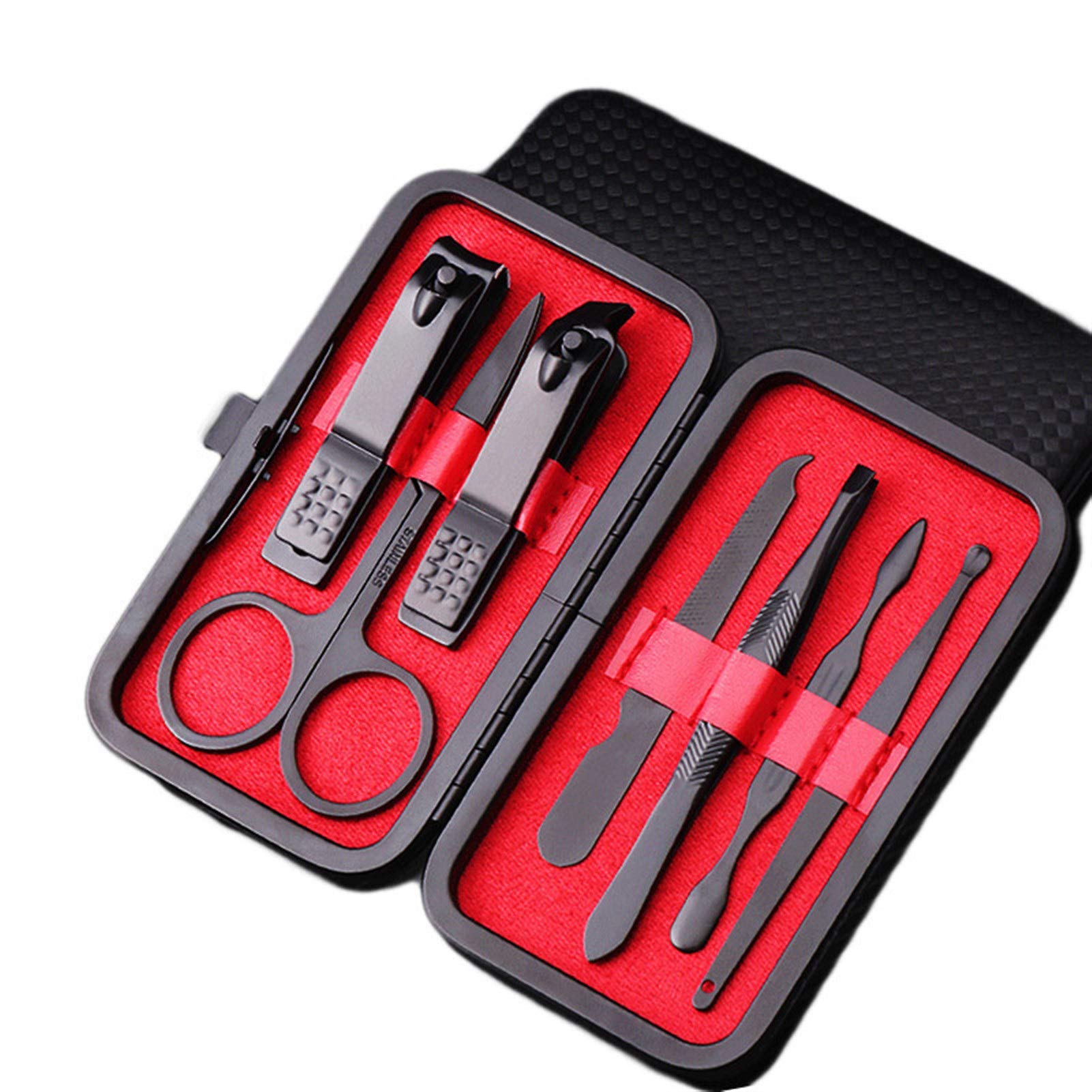 SCRUBY 7-teiliges Nagelwerkzeug-Set aus Edelstahl, Nagelknipser, Trimmer, Ohrlöffel, Pflegeset, Maniküre, Pediküre, Schere, Pinzette, Nagelwerkzeug-Set (rot)