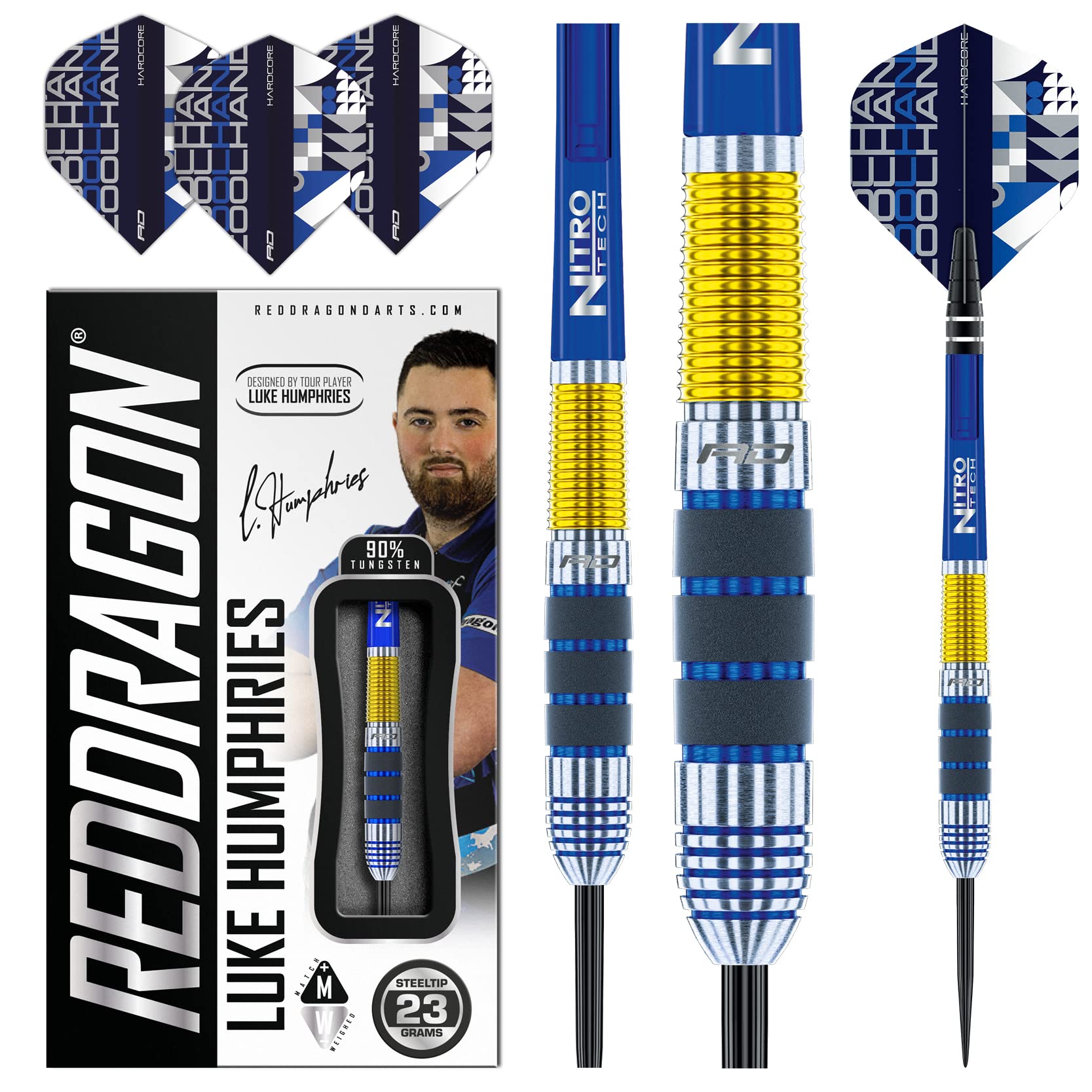 RED DRAGON Luke Humphries 23 Gram Professional Tungsten Darts Set with Flights and Stems