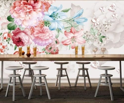 Bunte Blumen Schmetterlinge 3D Tapete Poster Restaurant Schlafzimmer Wohnzimmer Sofa TV Dekorative Wand-150cm×105cm