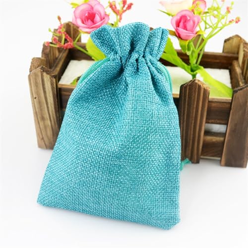 Jute Beutel mit Kordelzug, 50 stücke Vintage Stil Handgemachte Farbe Natürliche Sackleinen Leinen Schmuck Reise Aufbewahrungstasche Mini Candy Jute Packung Taschen für Geschenktüte(Lake blue,1 count (