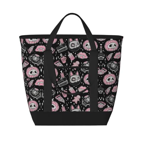 YQxwJL Halloween-Kürbis-Katzen-Aufdruck, große Kapazität, isolierte Lunchtasche, wiederverwendbare Einkaufstasche mit Reißverschluss für Damen und Herren