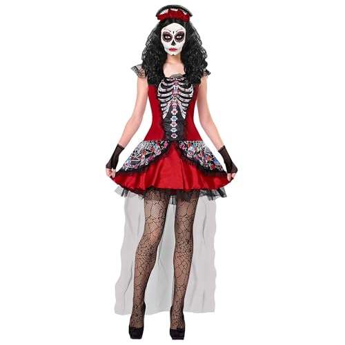 Widmann 11011686 Erwachsenenkostüm Mujer Dia de los Muertos, Damen, Rot, Schwarz, XS