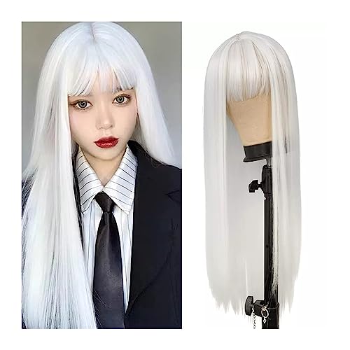 Perücken Lolita hitzebeständige Faser-Synthetik-Perücke, weiße Damen, langes glattes Haar mit Pony, Cosplay, 28 Zoll, reinweiße Perücke, Anime Damenperücke(White wig P1)