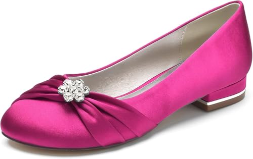 Satin-Hochzeitskleid-Schuhe für die Braut, Flache Schuhe, spitzer Zehenbereich, geschlossener Zehenbereich, Brautschuhe für die Hochzeit, Sandalen für Damen, Flache Sandalen, Rose Red, 4 UK