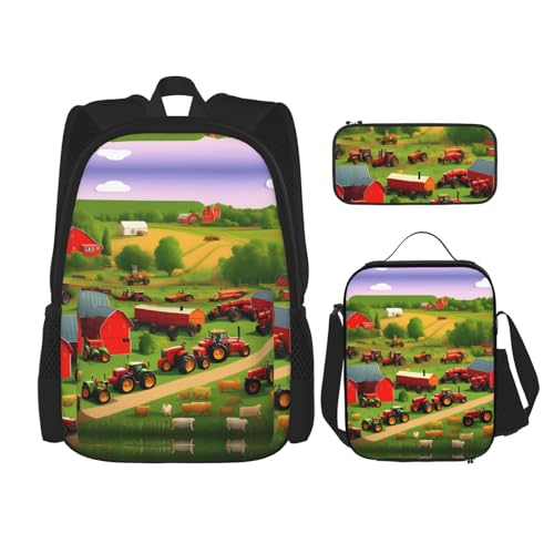 WURTON Traktor Bauernhof Druck Reise Lunchbox Federmäppchen Rucksack Set 3 Stück Verstellbare Träger Leicht, Schwarz, Einheitsgröße