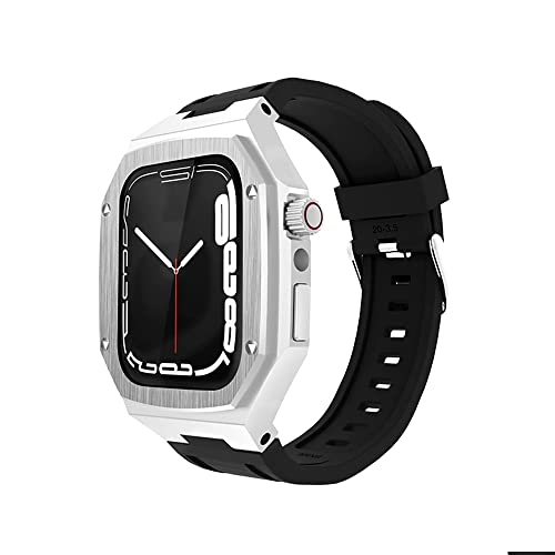 KANUZ Metallarmband für Apple Watch, 45 mm, 44 mm, Edelstahl-Schutzhülle und Armband, All-in-One-Set für iWatch 8, 7, 6, 5, SE, 45 mm, 44 mm (Farbe: Schwarz/Gelb, Größe: 45 mm für 8/7)