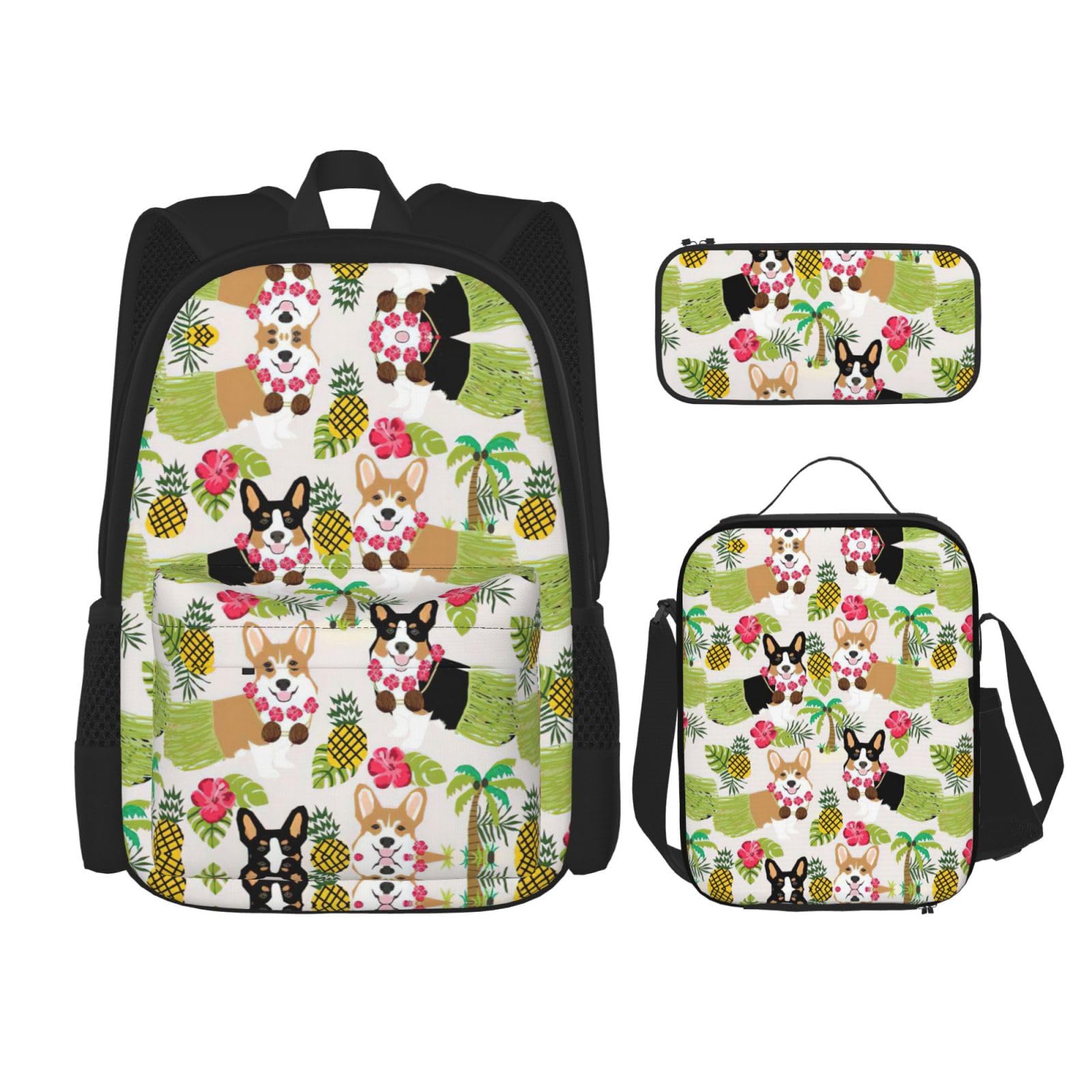 WURTON Corgi Hawaiian Tropical Summer Ananas Print Rucksack Mädchen Jungen Schultaschen Teenager Lunchbox und Federmäppchen 3 in 1 Büchertaschen Set