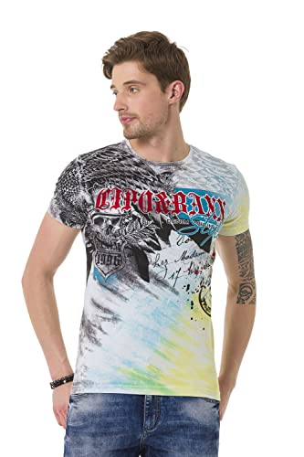 Cipo & Baxx Herren T-Shirt Print Batik Vintage Kurzarm Fashion Rundhals Shirt CT684 Blau L