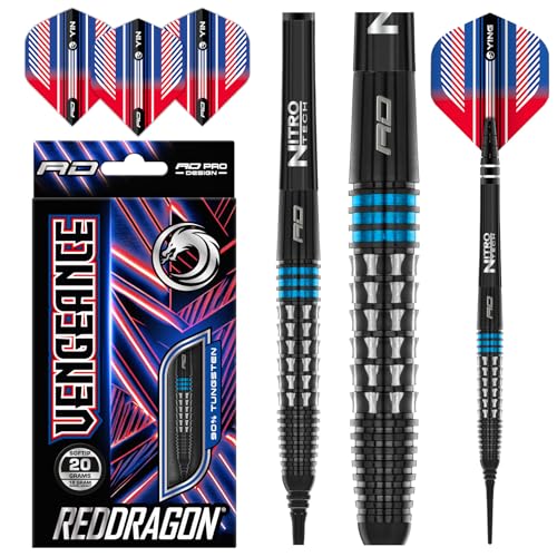 RED DRAGON Vengeance Blue 20 Gramm Premium Wolfram Softip Dart Set mit Flights und Schäften