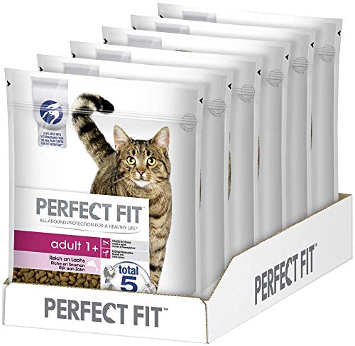 Perfect Fit Adult 1+ – Trockenfutter für erwachsene Katzen ab 1 Jahr – Reich an Lachs – Unterstützt die Vitalität – 6 x 750 g