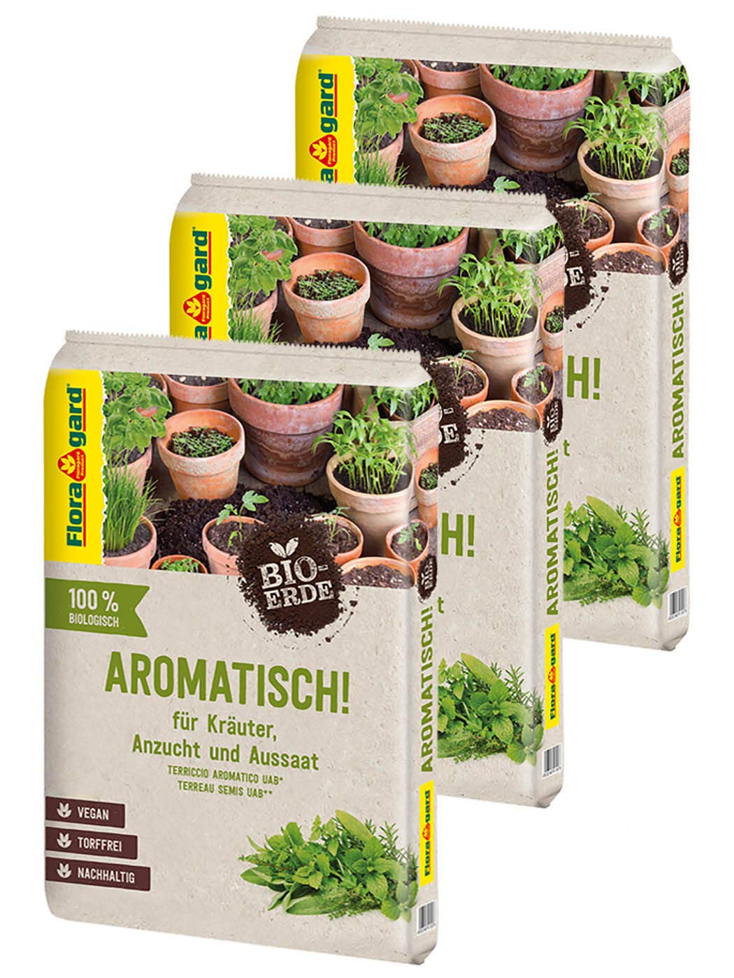 Floragard Bio-Erde Aromatisch 3x10 Liter - für Anzucht und Aussaat sowie für Kräuter - torffrei und vegan