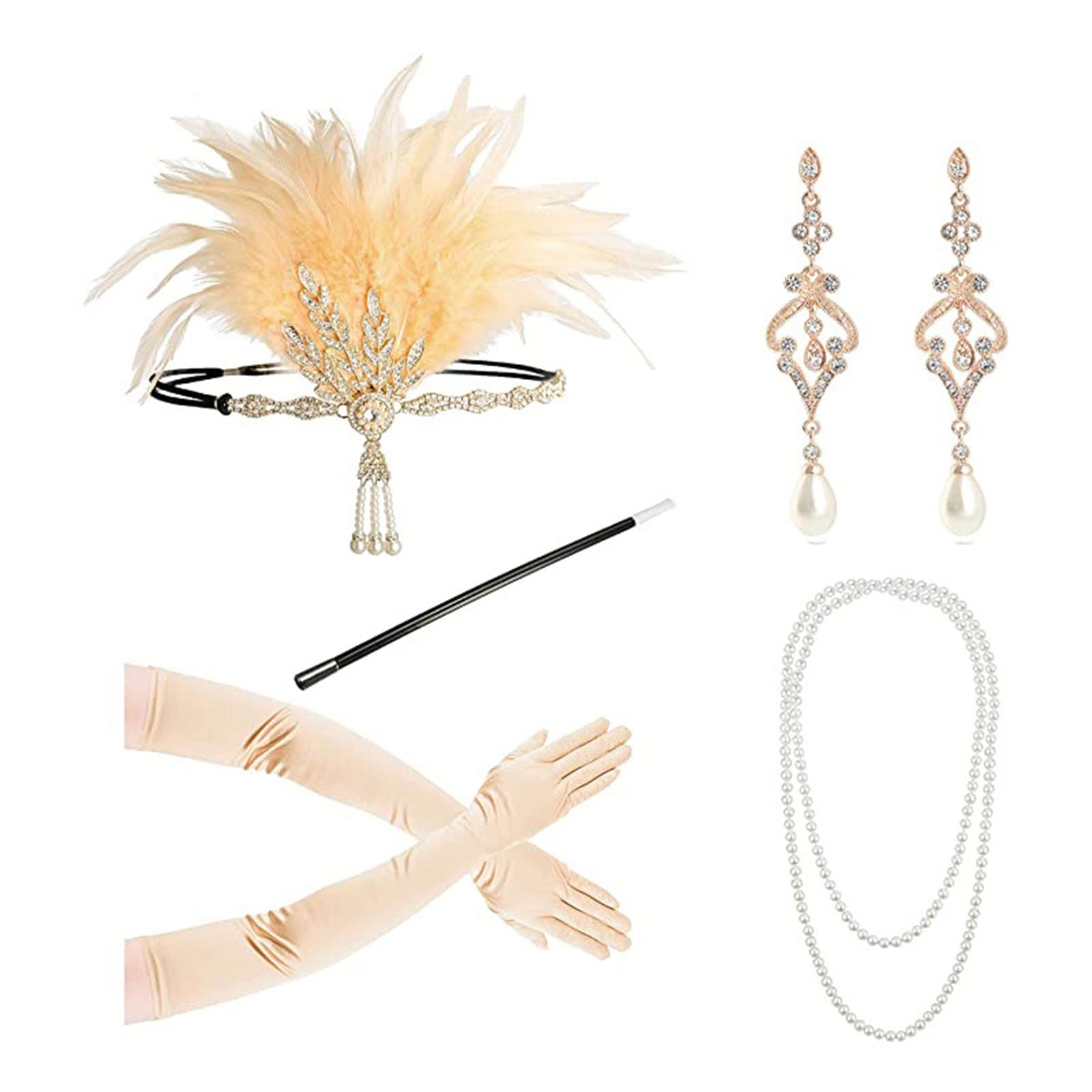 HDKEAN 1920er Jahre Gatsby Tolles Zubehör-Set für Damenkostüm, Perlen, Halskette, Ohrringe, Handschuhe, Flapper, Kopfschmuck, Stirnband, 1920er Jahre Gatsby, tolles Zubehör-Set für Damen,