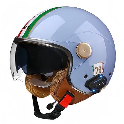 3/4-Bluetooth-Helm mit offenem Gesicht, Vintage-Motorrad-Halbhelm, ECE-zugelassenes Moped mit Doppelvisier, Motorradhelm für Männer, Erwachsene, Frauen U,XXL63-64CM