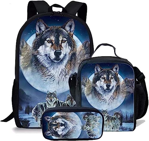 Wolf Schulranzen Set für Jungen Mädchen,3er Pack Schulrucksack Lässiger Tagesrucksack,Grundstufe Kinder Kinder Isolierte Brotdose,Bleistiftetui (A6,12.6inx5.5inx17in)