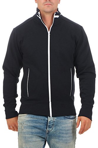 Happy Clothing Herren Sweatjacke sportlich ohne Kapuze - gestreifte Trainingsjacke - Sweatshirtjacke - Zip-Jacke Reißverschluss mit Kragen, Größe:3XL, Farbe:Dunkelblau