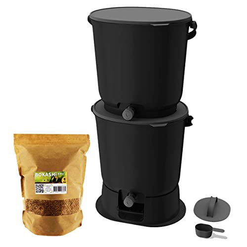 Moutta | Bokashi Organko Essential Schwarz (15,3L) | Set aus 2 Eimern für organischen Kompost mit Verdichter + 1kg EM-1 Fermentationsaktivator.