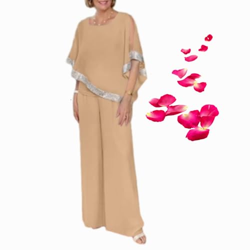 WINDEHAO Modisches und elegantes Damen-Oberteil und Hose, zweiteiliges Set, Hosenanzüge für die Brautmutter aus Chiffon, Pailletten, Anzüge für Hochzeitsgäste (Khaki, XXL)