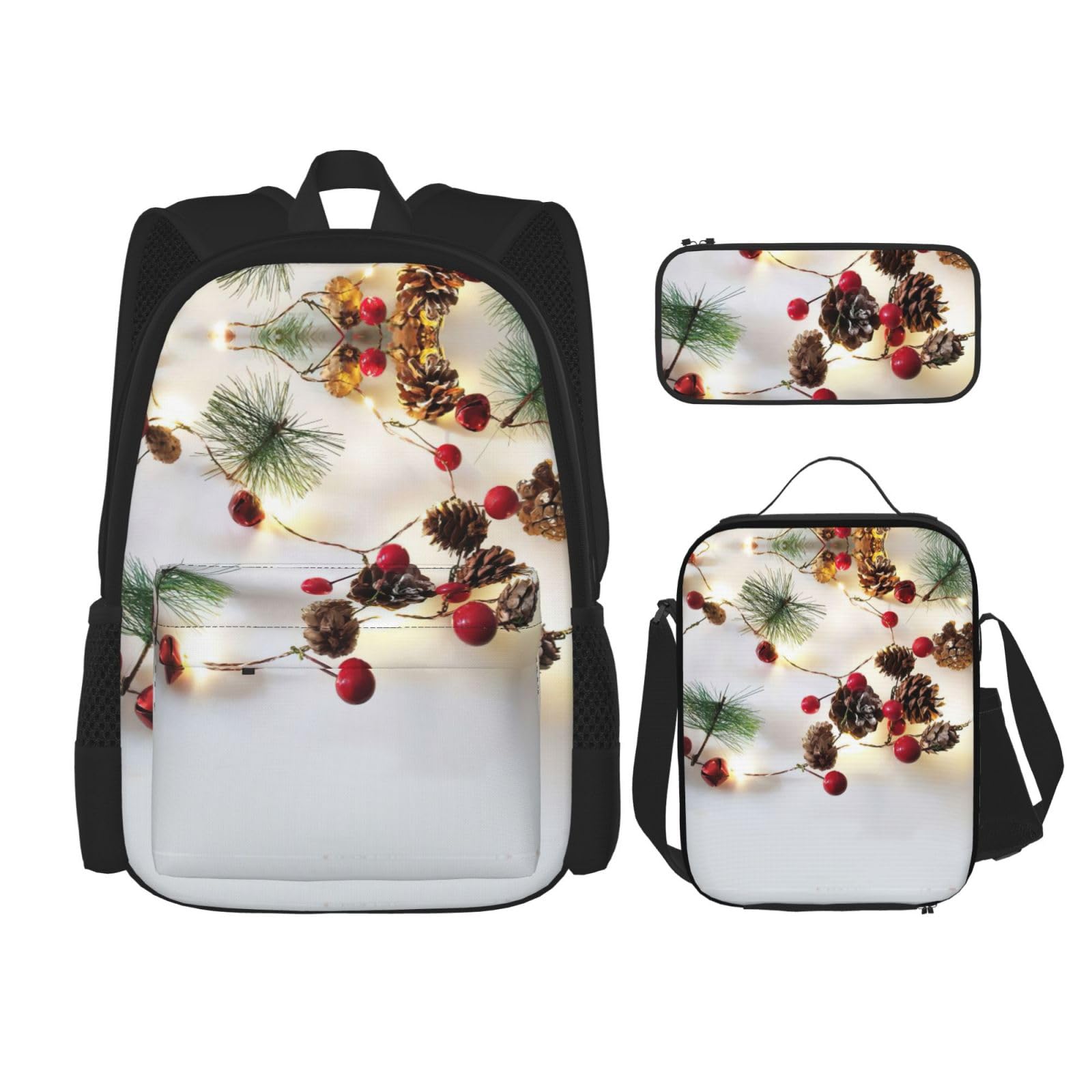 WURTON Weihnachtsgirlande mit Lichteraufdruck, trendige Rucksacktaschen, Lunchbox und Federmäppchen, 3-in-1, verstellbares Rucksack-Set, Schwarz, Einheitsgröße, Schwarz , Einheitsgröße