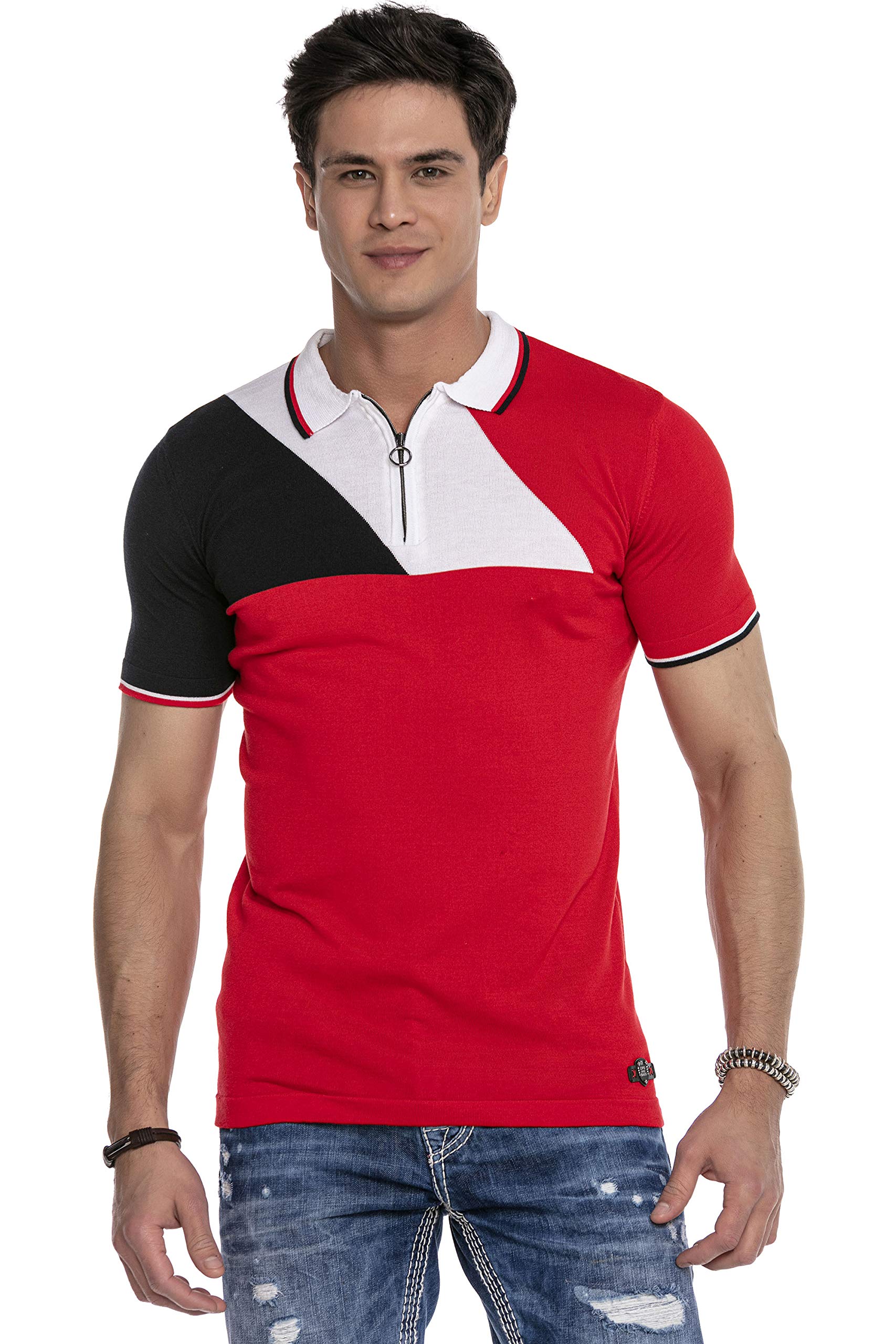 Cipo & Baxx Herren T-Shirt Farbblock Casual Poloshirt Design Kurzarm Shirt CT650 Rot S