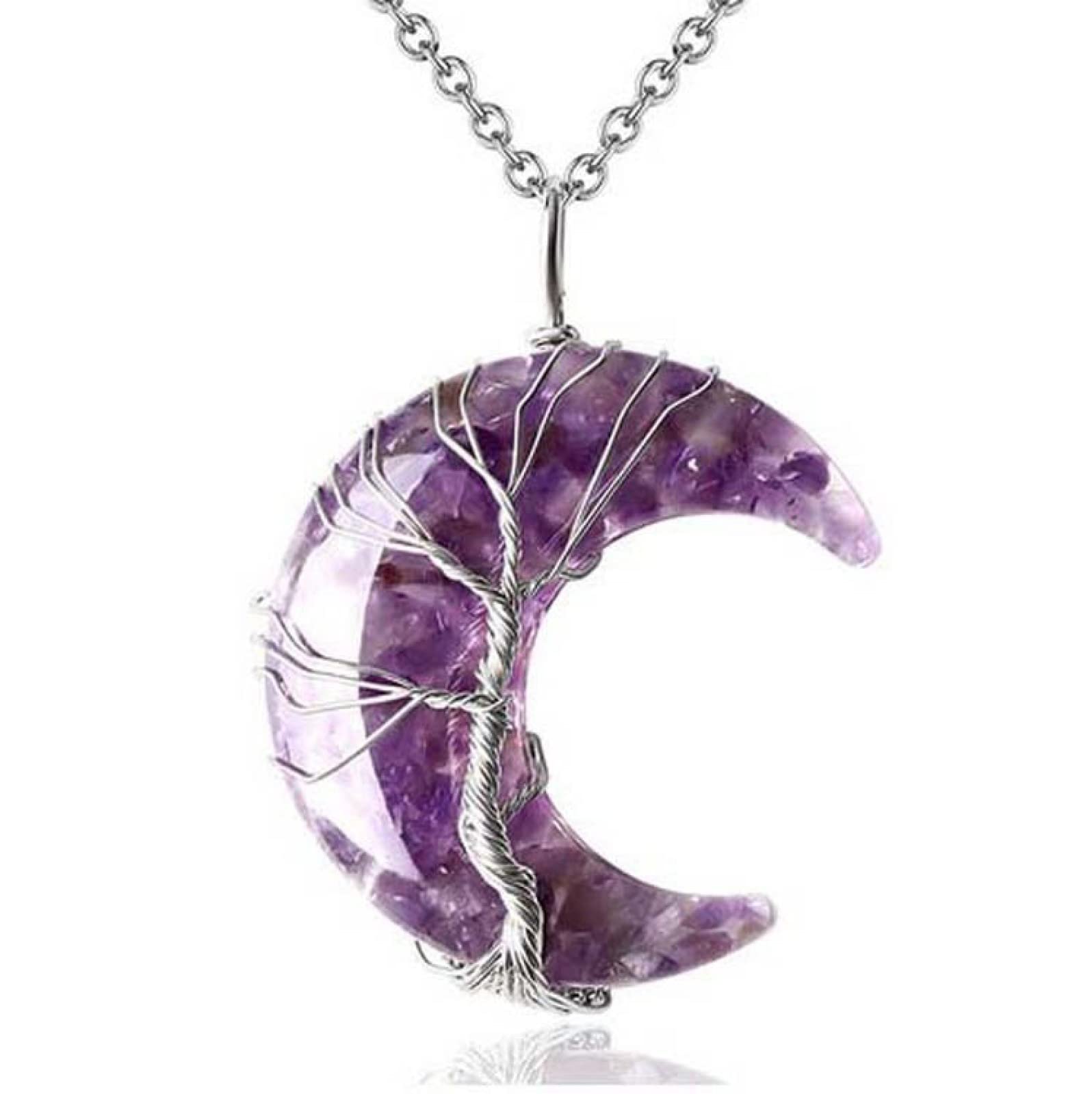 7 Chakra-Kristall-Halsketten-Baum des Lebens-Draht umwickelter Mond-Halbmond-Stein-Harz-Quarz-Ketten-Anhänger, Amethyst, 50 cm