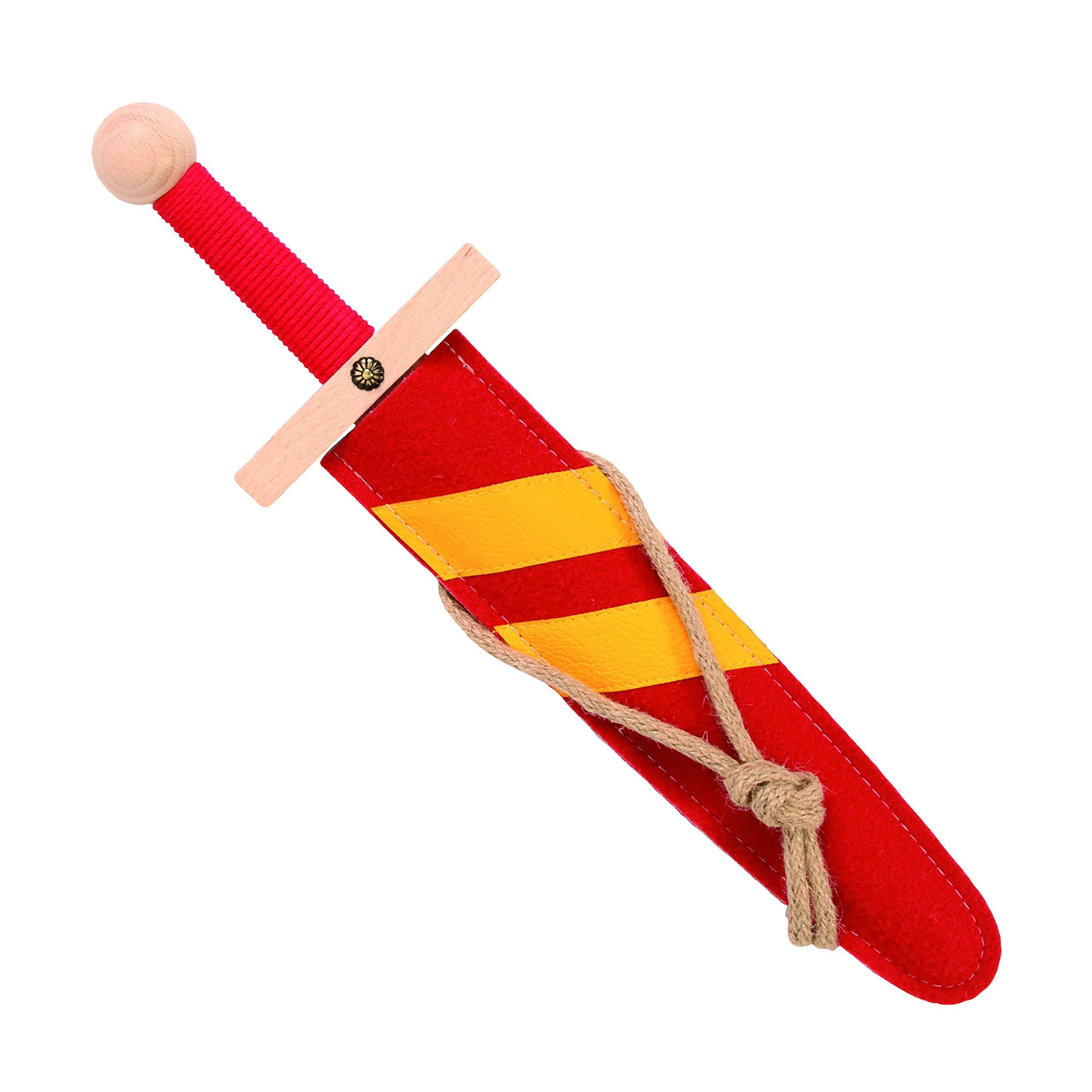 Spielzeugmanufaktur VAH Stabiles Lancelot Schwert Set Rot, Holzschwert 45cm mit Schwert-Scheide aus Filz (rot/gelb, 42cm)