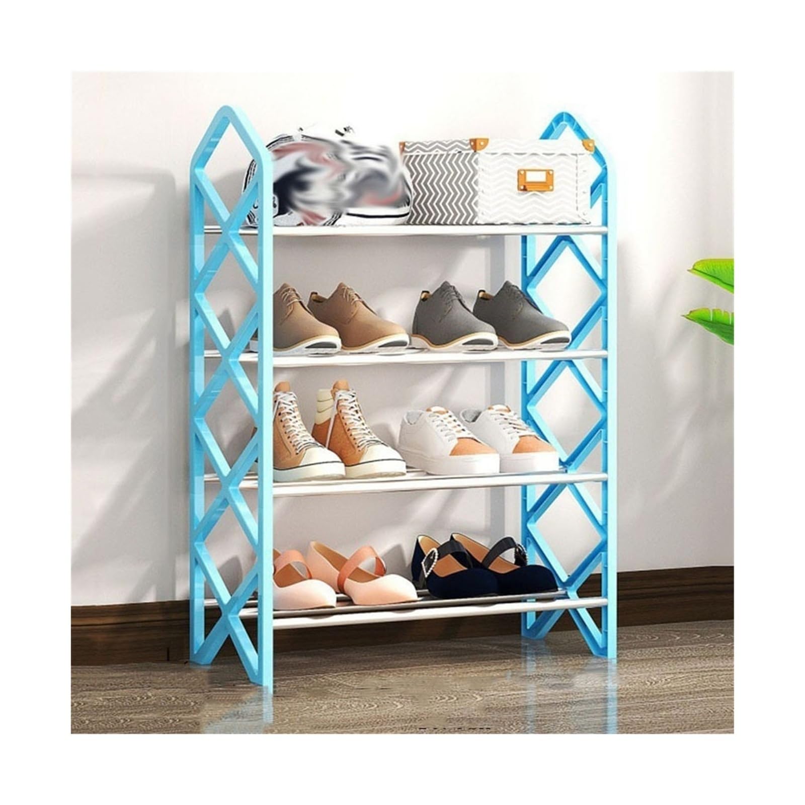 Platzsparender Schuhschrank Freistehendes Schuhregal, 4-stufiges Schuhregal mit Stahlrohrrahmen, kompakter Schuhständer-Organizer for Eingangsbereich, Flur, Wohnzimmer Schuhaufbewahrung(Blue)