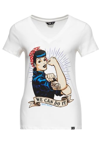 Queen Kerosin Damen Kurzarm T-Shirt Vintage Print We Can Do It V Ausschnitt Slim Fit We Can Do It