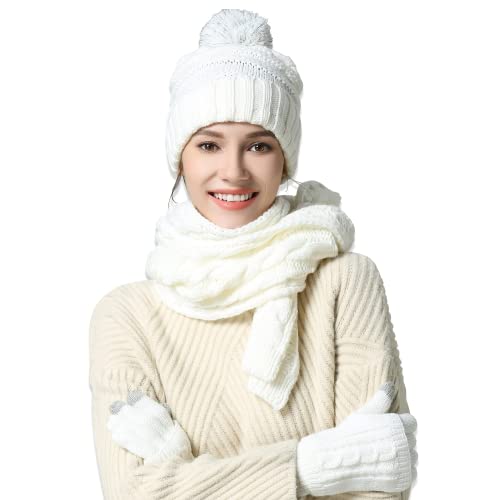 OROOTL Mütze, Schal & Handschuh Sets für Damen Winter, Touchscreen-Handschuhe Bommelmütze Handschuh Gestrickt Beanie Schnee Hut Warme Winterset 3 IN 1 für Mädchen, Frauen