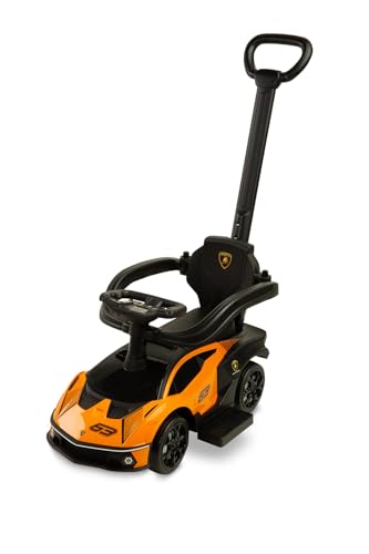 CARETERO - Rutschauto mit Schiebestange - Rutschfahrzeug - Lamborghini Essenza - Für Entwicklung Motorischen Fähigkeiten und Koordination - Sichere und Langlebige Konstruktion - 87x40x91 cm - Orange