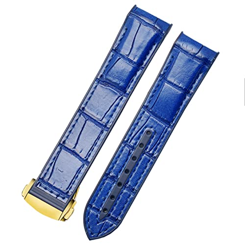 SCRUBY Gebogenes Ende echtes Leder-Silikon-Uhrband für O-Mega S-EMASTER 007 Handgelenk Wasserdichtungsgurtarmband mit Klappschnalle Blau(Blue gold,22mm)