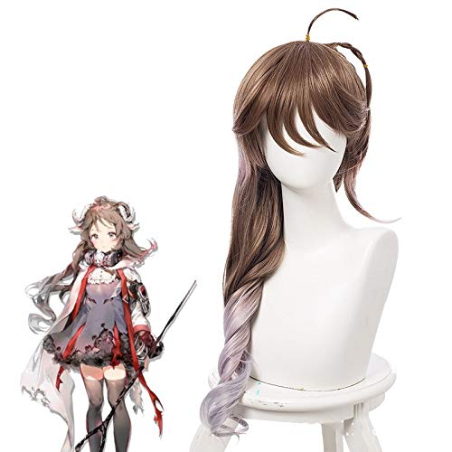 LINLINCD-Spiel Arknights Eyjafjalla Cosplay Perücke 80Cm Long Curly Mixed Brown Hitzebeständige synthetische Haarperücke Frauen Pelucas + Haarnetz