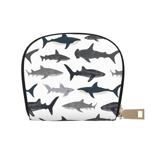 YFSGDLBN Fish and Shark Printed Leather Shell Card Bag Zip Card Holder Coin Organizer, weiß, Einheitsgröße