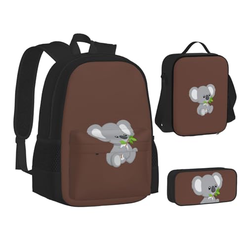 WURTON Koala Eat Leaf Print Teen Rucksack Set von 3 in 1 (Federmäppchen + Schultasche + Lunchtasche Kombination)