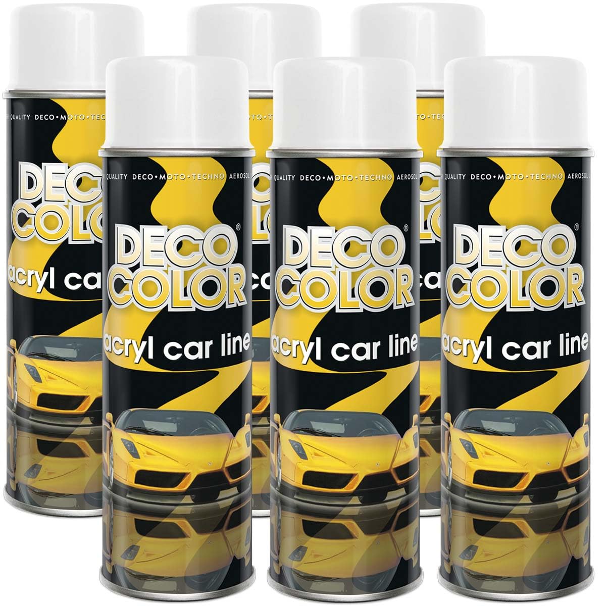 Deco Color 6er Sparpack ACRYL CAR LINE WEISS GLANZ RAL 9010 in 500ml - Lackspray für z.B. KFZ, Auto, Motorrad, Alufelgen, Stahlfelgen uvm. (6 Dosen 500ml Weiss GLANZ)