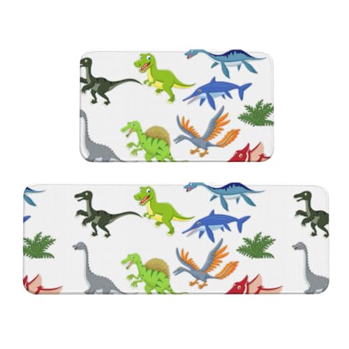 Küchenmatte mit Cartoon-Dinosaurier-Bildern, 2-teiliges Küchenteppich-Set, rutschfest, wasserdicht, für Küche, Flur, Büro