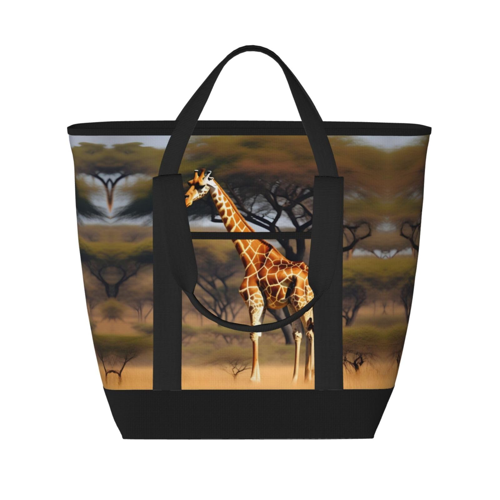 YQxwJL Isolierte Kühltasche, Einkaufstasche, Einkaufstasche, Einkaufstasche, Motiv: Afrika-Giraffe, majestätischer Baumdruck, wiederverwendbare Einkaufstasche für Erwachsene, Schwarz, Einheitsgröße