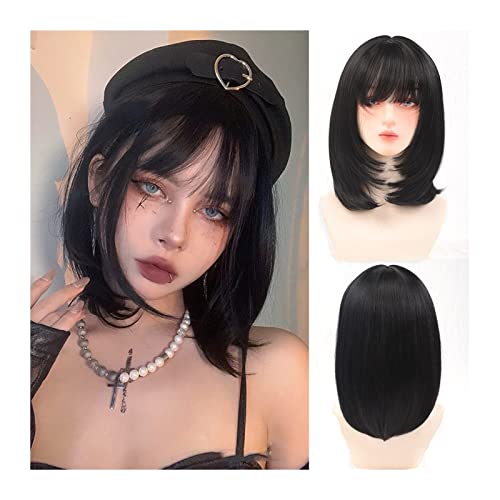 Perücke für Frauen Kurze gerade schwarze Bob-Perücke mit Pony, natürliches hitzebeständiges Kunsthaar for Frauen, kurze Bob-Perücke mit Pony for den täglichen Party-Cosplay-Einsatz Human Hair Wig