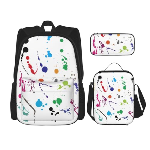 WURTON Abstrakter Farbspritzer-Druck, trendige Rucksacktaschen, Lunchbox und Federmäppchen, 3-in-1, verstellbares Rucksack-Set, Schwarz, Einheitsgröße