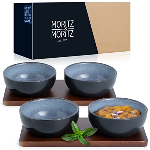 Moritz & Moritz VIDA 6tlg Dip Schalen Set mit Brett – 10cm Ø - 4 Dipschalen Grau-Blau aus Porzellan - Für Snacks, Dessert, Dips und Saucen