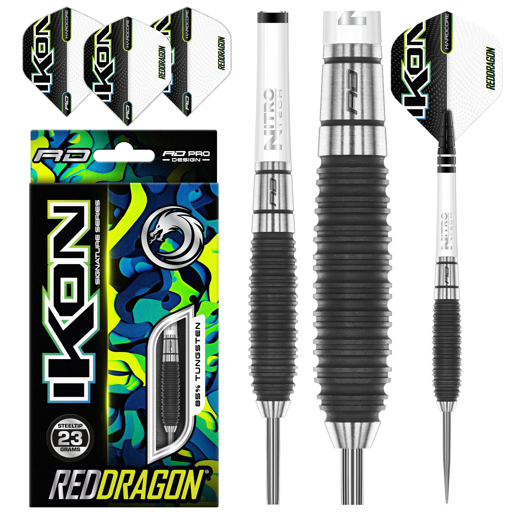 RED DRAGON Ikon 1.3 23 Gramm Professionelles Wolfram Steeltip Dart Set mit Flights und Schäften