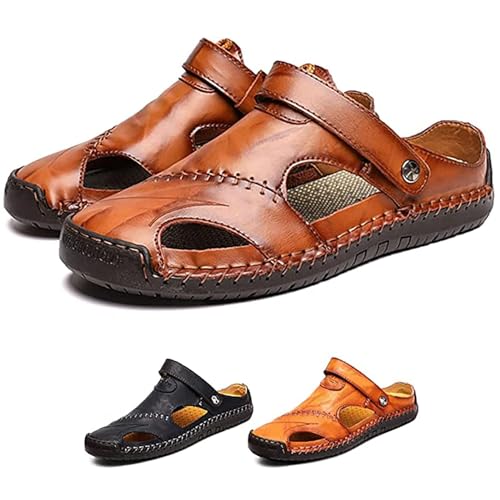 RUIZE Herren Ledersandalen,Herren Sandalen mit geschlossener Zehe Atmungsaktive Anti-Rutsch Slipper,Sommer Atmungsaktive Strand Wanderschuhe Slipper,Reddish Brown,45