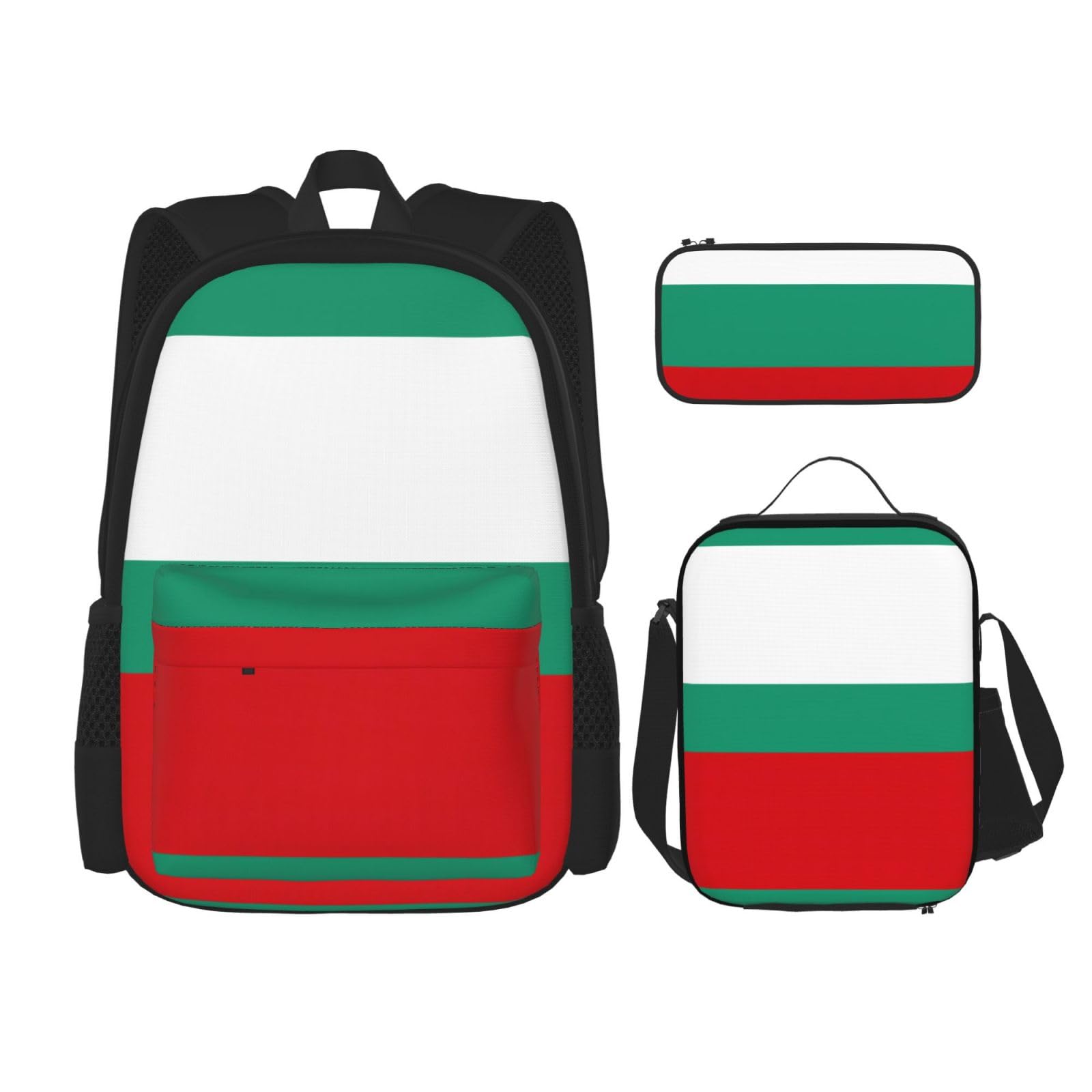 WURTON Bulgarische Flagge Druck Lunchbox Federmäppchen Rucksack Set 3 Stück Verstellbare Träger Langlebig Leicht Schwarz Einheitsgröße, Schwarz, One Size