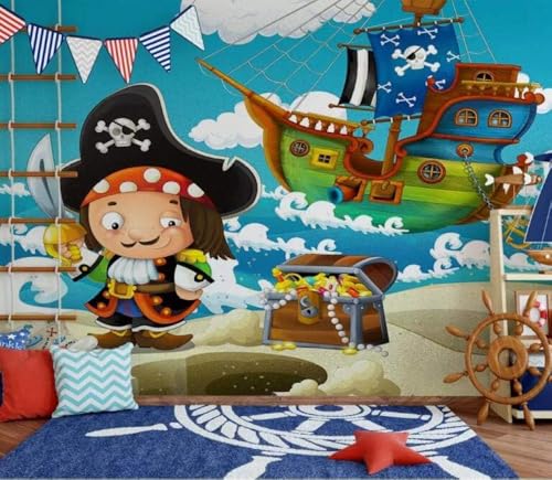 Piratenschiff Cartoon Schatzstrand 3D Tapete Poster Restaurant Schlafzimmer Wohnzimmer Sofa TV Dekorative Wand-200cm×140cm