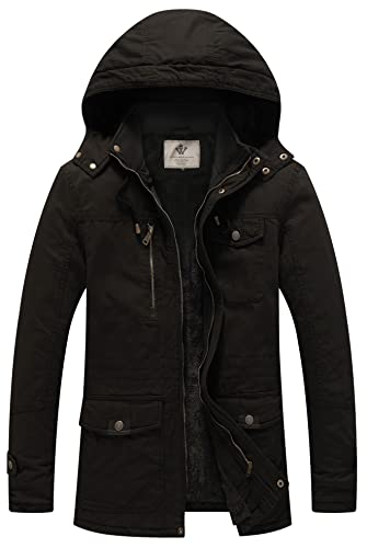 WenVen Herren Warm Winter Jacke Baumwolle Mäntel Klassisch Militär Jacke Bequem Freizeit Jacke Schwarz XL