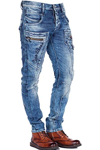 Cipo & Baxx Herren Jeans Doppelter Bund Regular Fit Vintage Hose Denim Straight Fit Jeanshose W32 L34 Blau