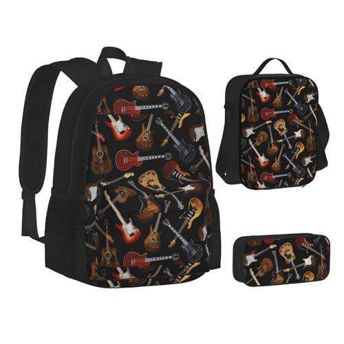 WURTON Büchertasche mit Gitarren-Aufdruck, Lunch-Tasche, Federmäppchen, 3-in-1, Schulrucksack-Set, Kinderrucksack