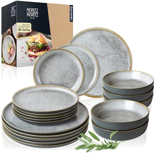 Moritz & Moritz TERRA 36-tlg Geschirrset 12 Personen – Teller Set in dezentem Grau aus hochwertigem Porzellan – Geschirr Set 12 Personen aus je 12x Speiseteller, Dessertteller und Schalen