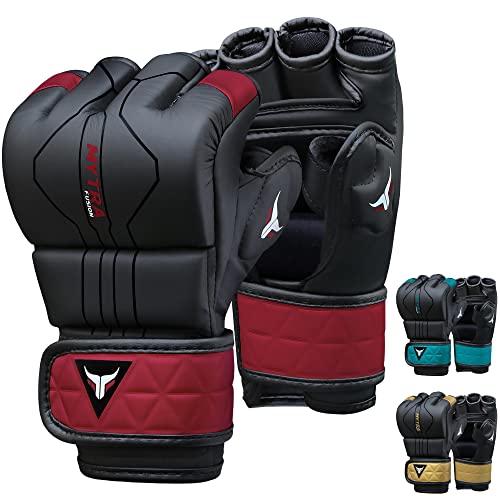 Mytra Fusion MMA Handschuhe mit offener belüfteter Handfläche MMA Sparring Handschuhe Kickboxen, Grappling, Training, Cage Fighting Mixed Martial Arts Handschuhe (XL, Black/Maroon)