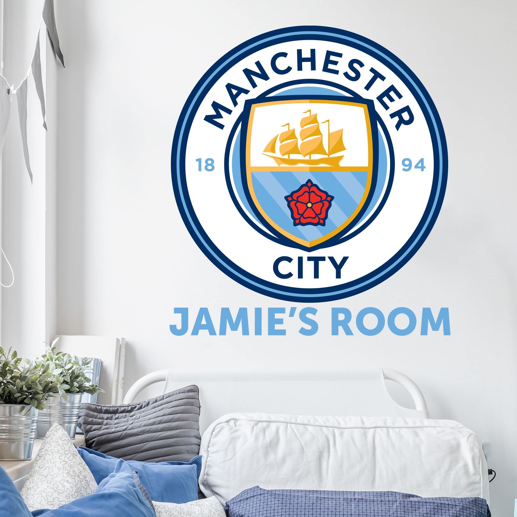 Beautiful Game Manchester City Football Club Offizielles Wappen und personalisierter Namensaufkleber, Wandbild, 60 cm