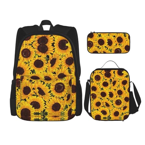 WURTON Schulrucksack-Set mit gelbem Sonnenblumen-Druck, 3-in-1-Büchertaschen-Set mit Lunchbox, Federmäppchen, Reise-Laptop-Tagesrucksäcke